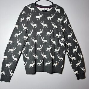 Lerros XL Reindeer Knit Sweater Gray Crewneck Winter Holiday Nordic Pullover